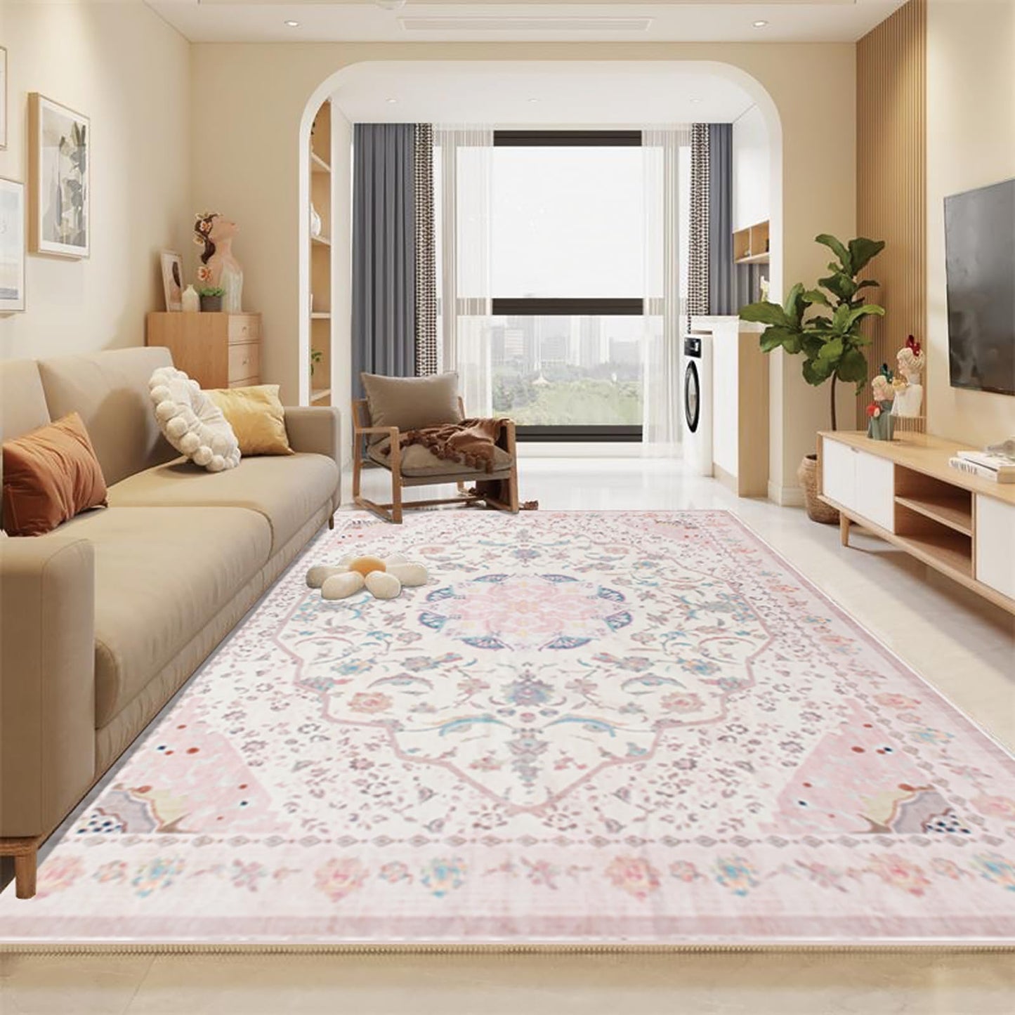 auruge Area Rug - Vintage 3x5 Non-Slip Backing Area Rugs Light Pink Soft Faux Wool Carpet Foldable & Machine Washable Rugs for Living Room Bedroom Dining Room Nursery Home Office
