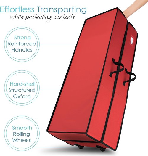 Hearth & Harbor Wrapping Paper Storage Container - Large Red Christmas Organizer with Ribbon Dispenser & Wheels, Fits 30 Rolls
