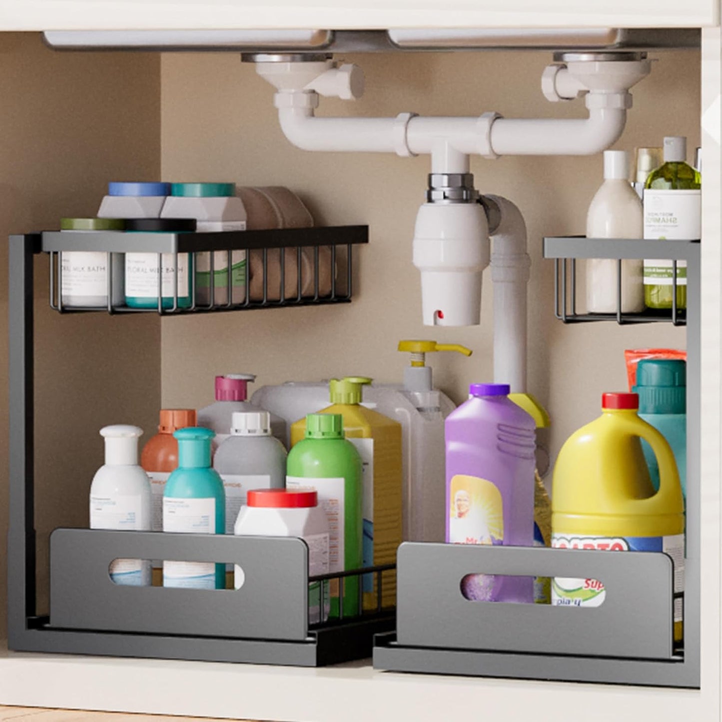 VUSIGN Under Sink Organizer - 2-Tier Metal Pull-Out Shelf for Kitchen & Bathroom - Black, 2 Pack