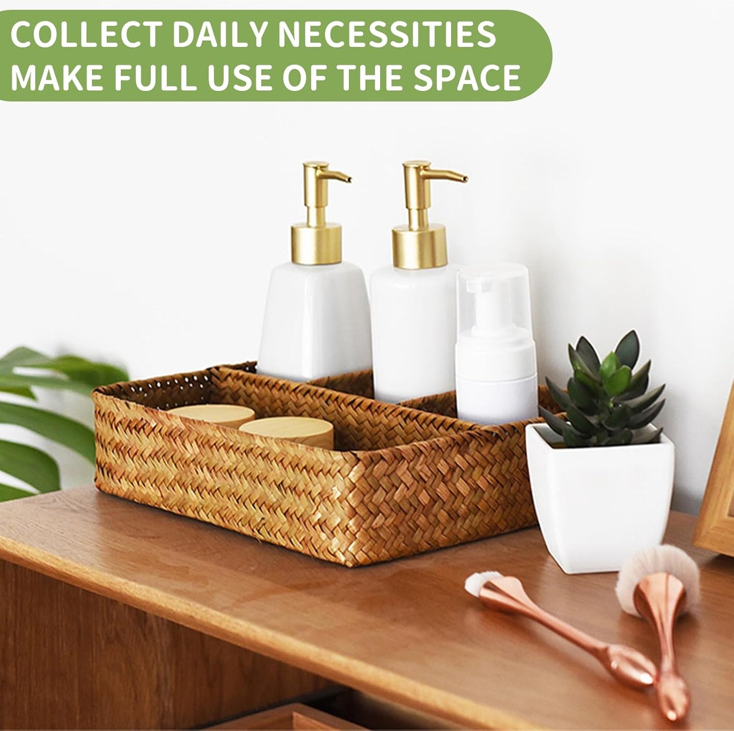 Wicker Baskets | 4-Section Tea Bag & Sugar Packet Holder - Seagrass Compartment Organizer for Home & Office