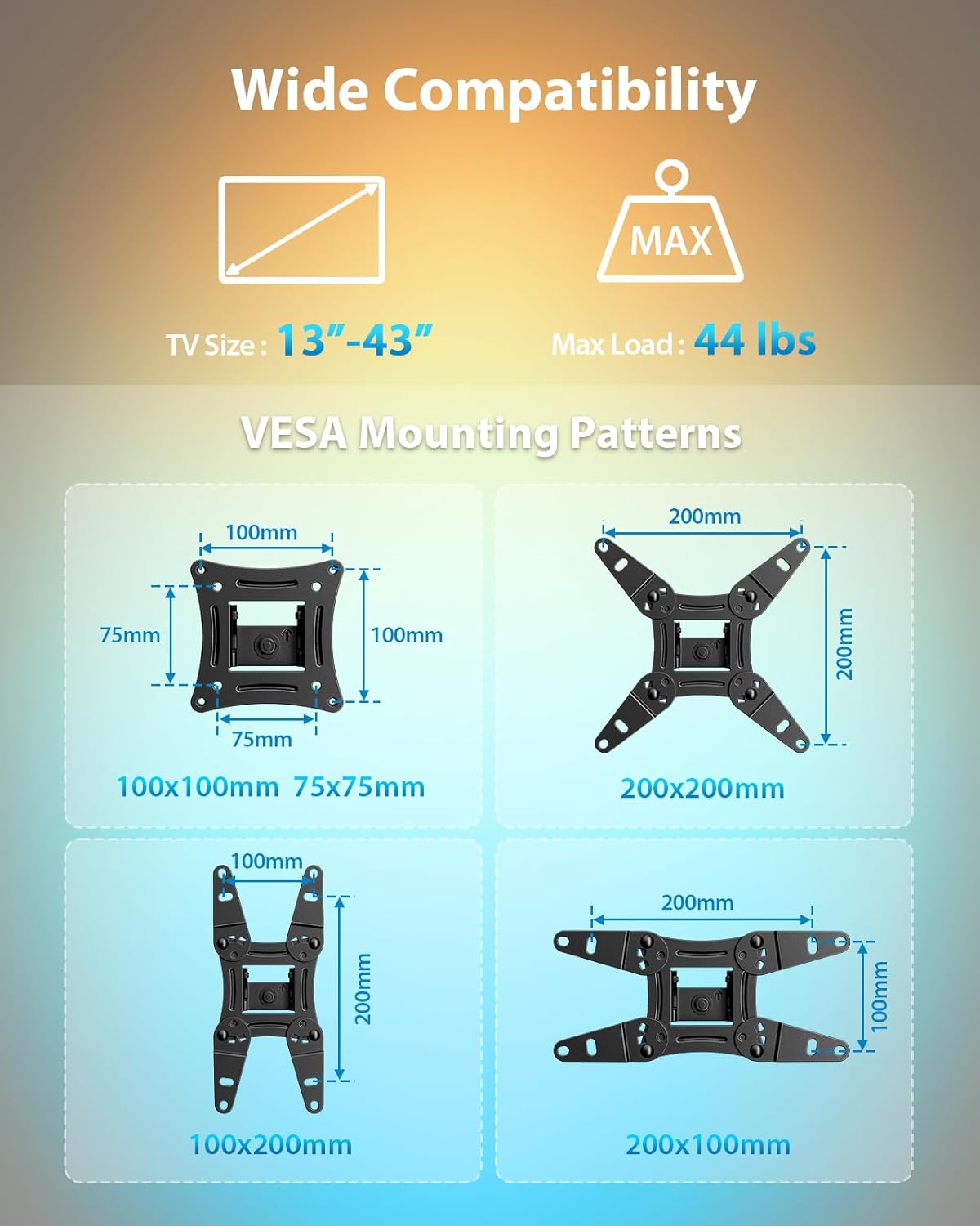 Pipishell Full Motion TV Wall Mount - LED Light & Music Sync for 13"-43" TVs Up to 44 lbs | Max VESA 200x200mm