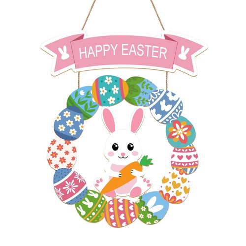 Easter Decorations for Front Door, Wooden Hanging Bunny Egg Wreath, Happy Easter Porch Welcome Sign for Home Wall Spring Party Housewarming Gift(Easter Bunny)