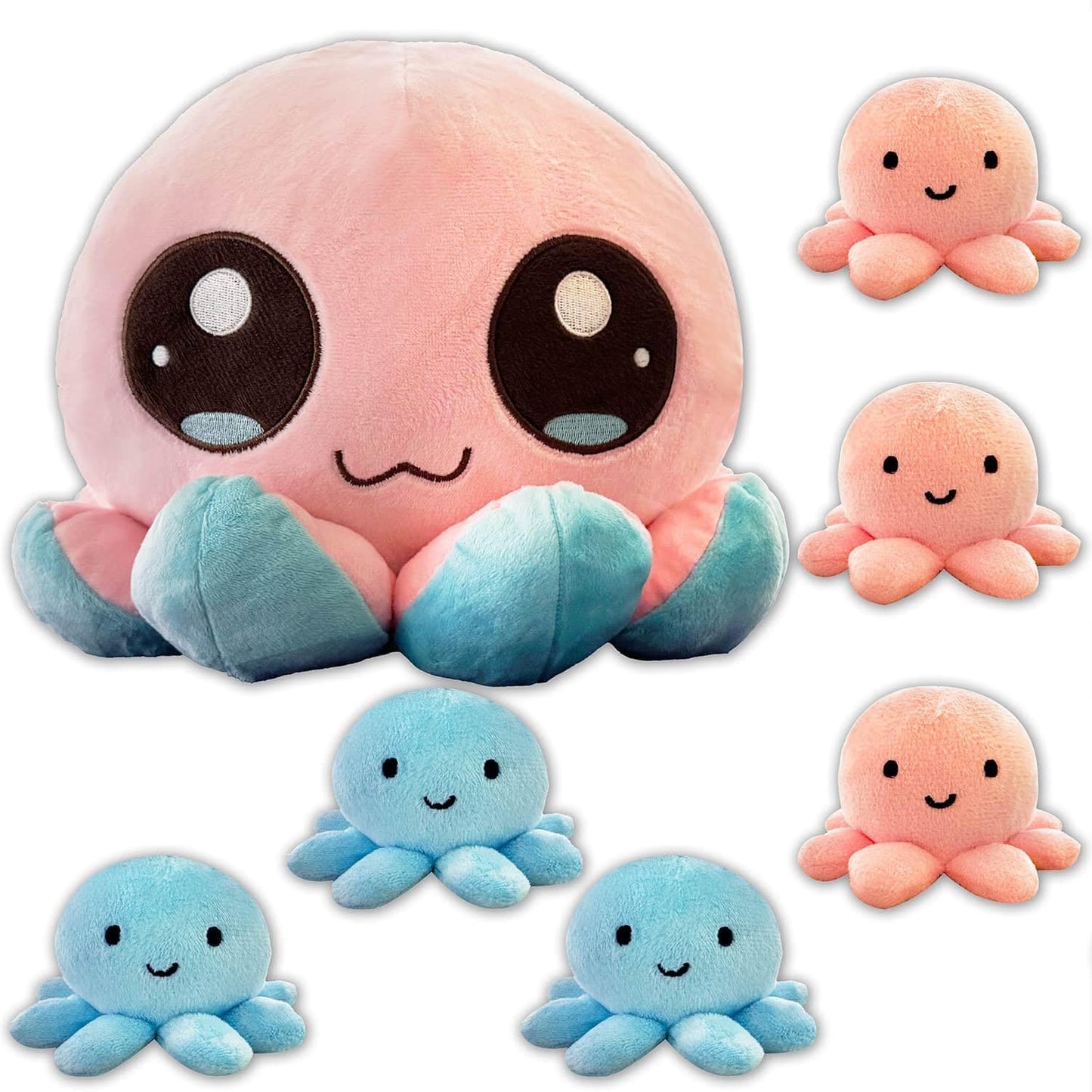BelugaDesign Octopus Plush Toy | 7 Bulk Bundle Pink Blue Cute Kawaii Anime Soft Cozy Plushie | Large Stuffed Sea Animal Pillow | Fluffy Huggable Mood Flip Squishy Stuffies Plushy for Kids Teens