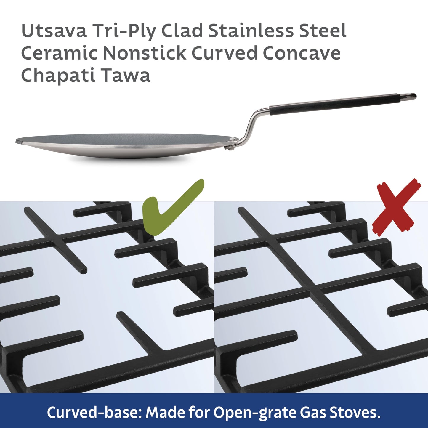 Tramontina Utsava 12-Inch Tri-Ply Clad Stainless Steel Ceramic-Coated Dosa Tawa, Non Stick Tava Pan for Roti, Crepe Pan, Comales para Tortillas, Pancake Griddle, Nonstick Flat Skillet