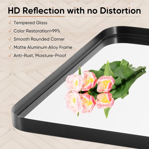 DUMOS Black Metal Framed Bathroom Mirror - 36x24 Inch Rounded Rectangle Design | Modern Matte Finish for Versatile Hanging