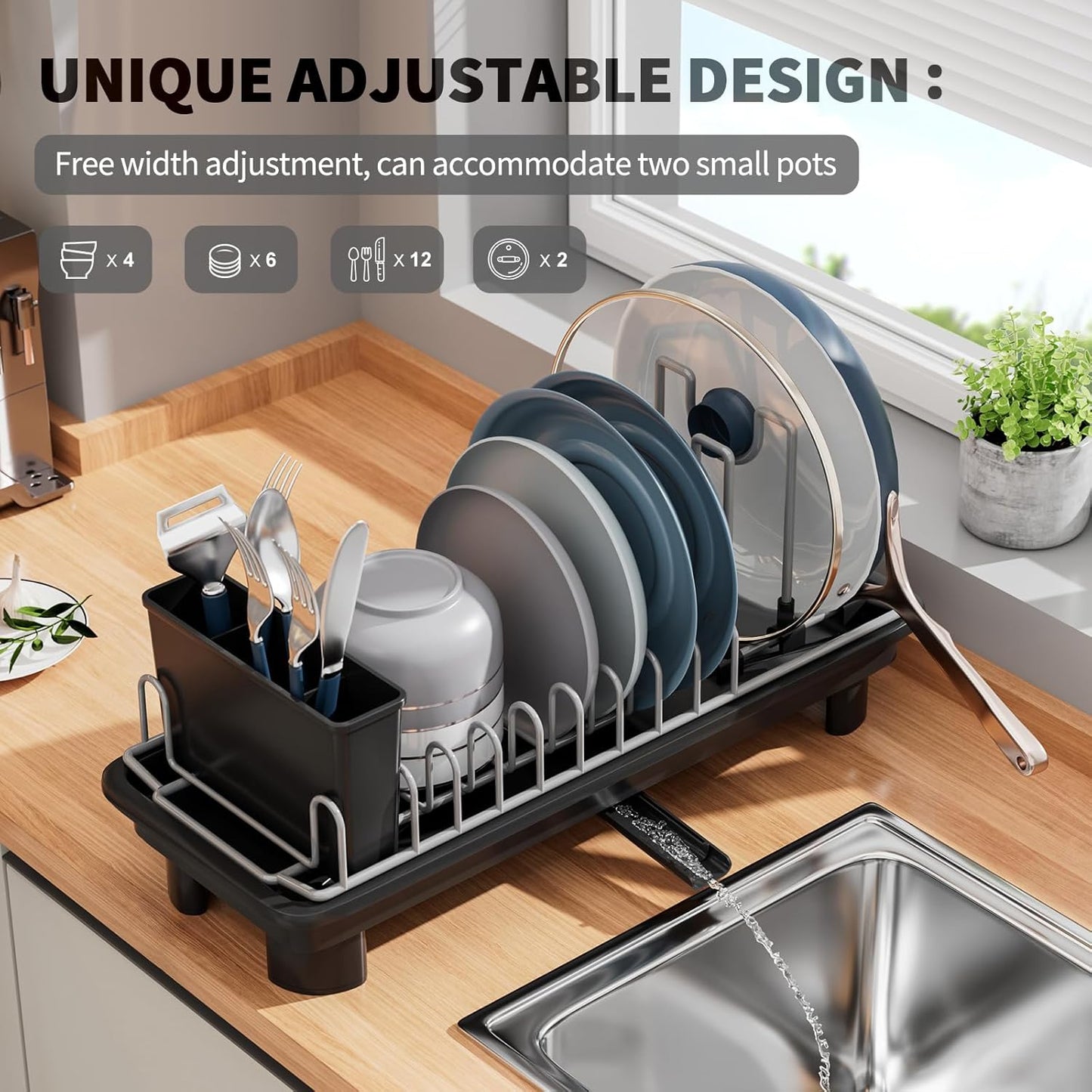 SanDream Small Dish Drying Rack - Stainless Steel with Removable Utensil Holder & Anti-Scratch Base | Space-Saving Design in Black