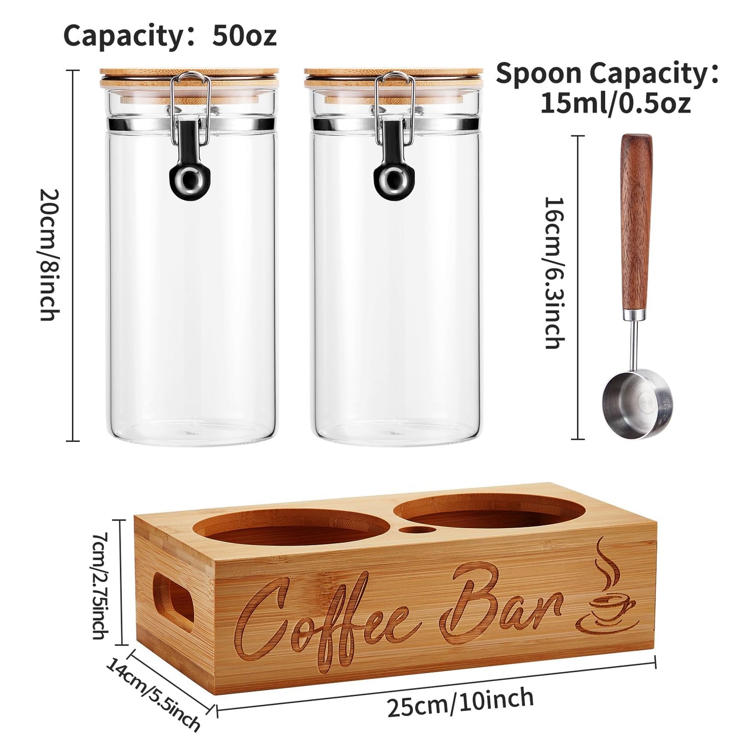 Spreccio Coffee Canister Set with Shelf, 2 x 50oz Coffee Bean Canister Storage Station Organizer with Airtight Lid for Kitchen, Food Storage with Scoop for Ground, Sugar, Cereal and Tea