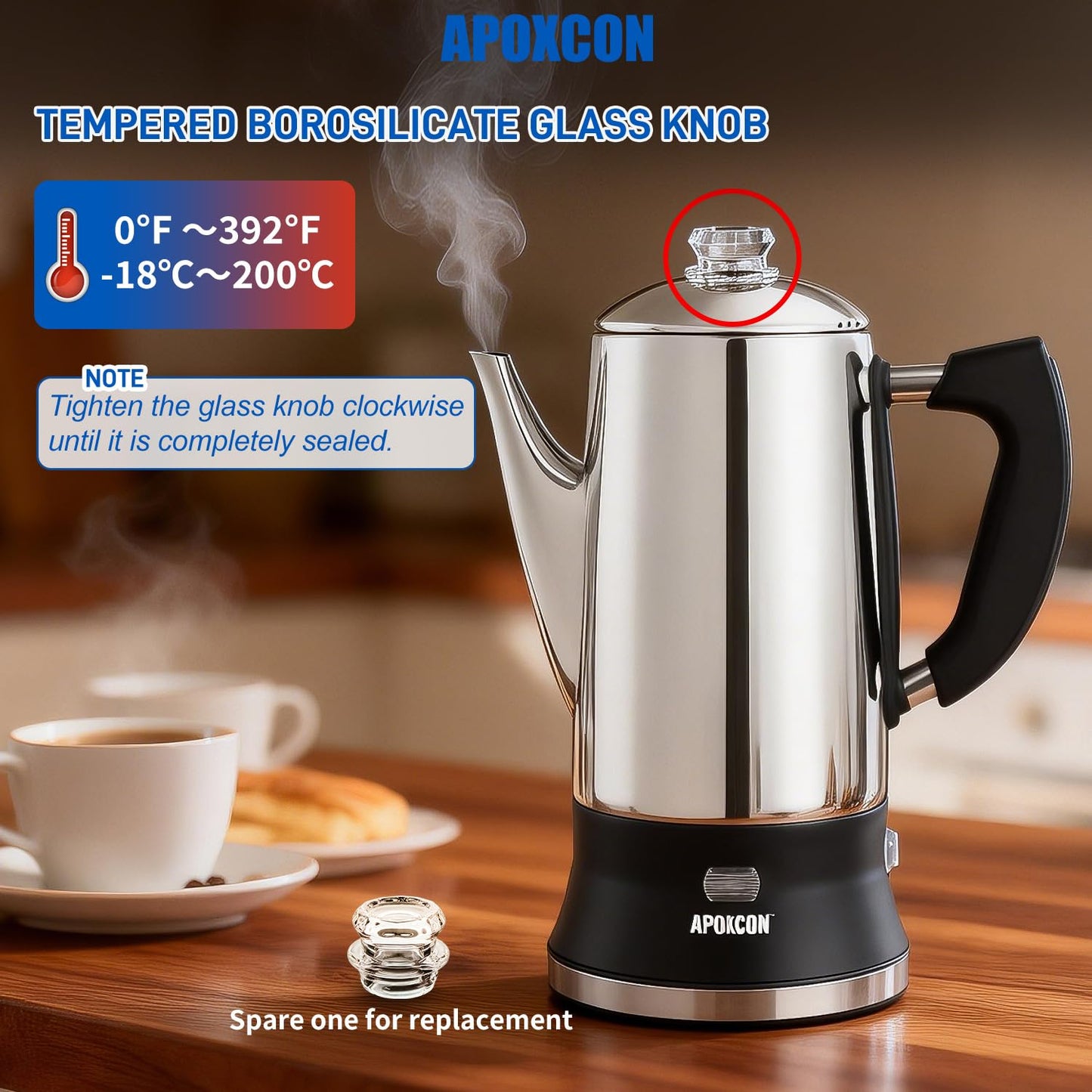 APOXCON Electric Coffee Percolator Stainless Steel Coffee Maker with Clear Brew Progress Tough Glass Knob and On/OFF Switch Classic Coffee Pot with Keep Warm & Cordless Serve No Aluminum (12 Cup)