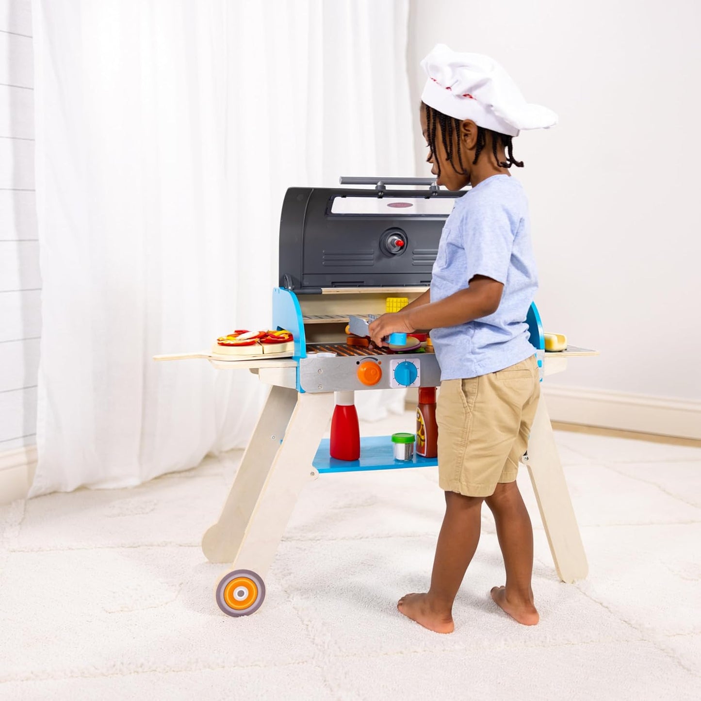 Melissa & Doug Deluxe Wooden Barbecue Grill & Smoker | Kids Play Kitchen Set with Pizza Oven & Toy Food - FSC Certified for Ages 3+