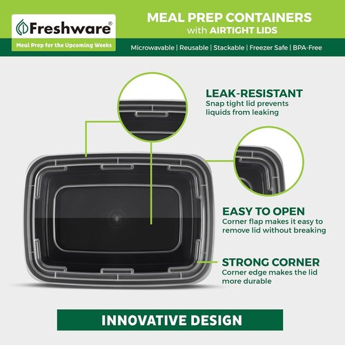 Freshware Meal Prep Containers - 50 Pack, 1 Compartment, BPA Free, Stackable, Microwave/Dishwasher Safe | 24 oz