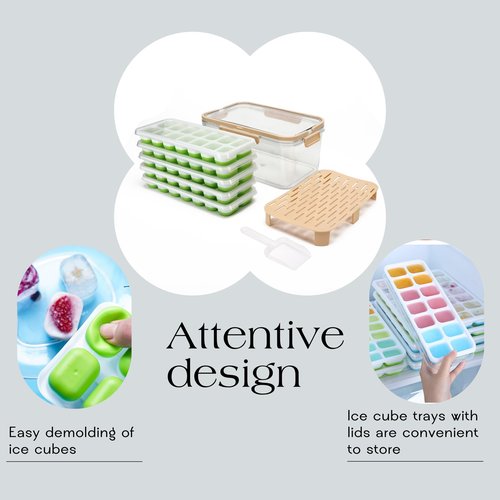Food grade silicone,Ice Cube Tray with Lid and Bin, Ice Cube Pop Out Tray, Ice Cube Trays for Freezer，14 cube ice trays with lids and storage boxes(5 GREEN)
