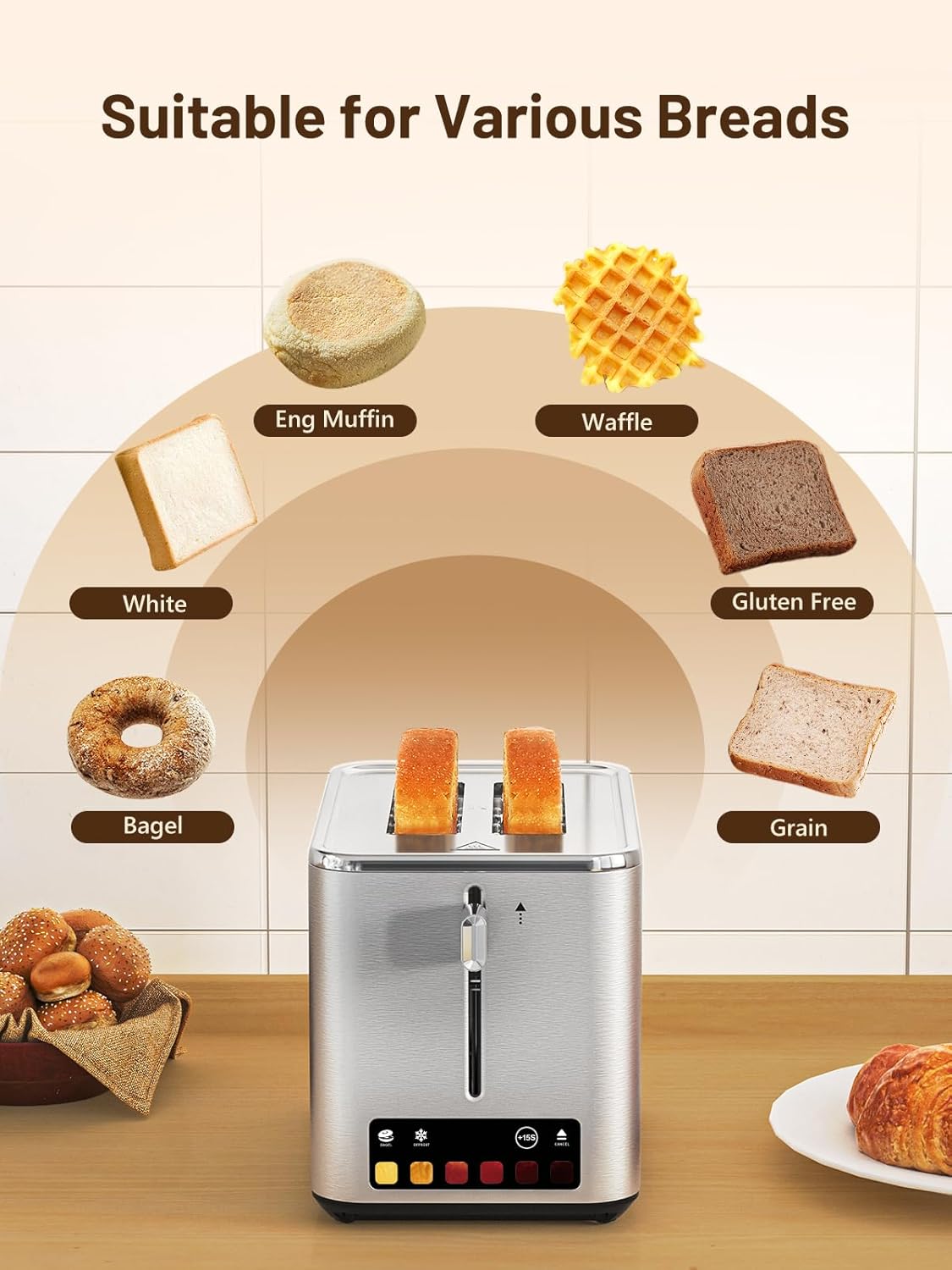 KEENSTAR 2-Slice Touch Screen Toaster - 6 Browning Levels, Wide 1.5" Slots, Stainless Steel Finish