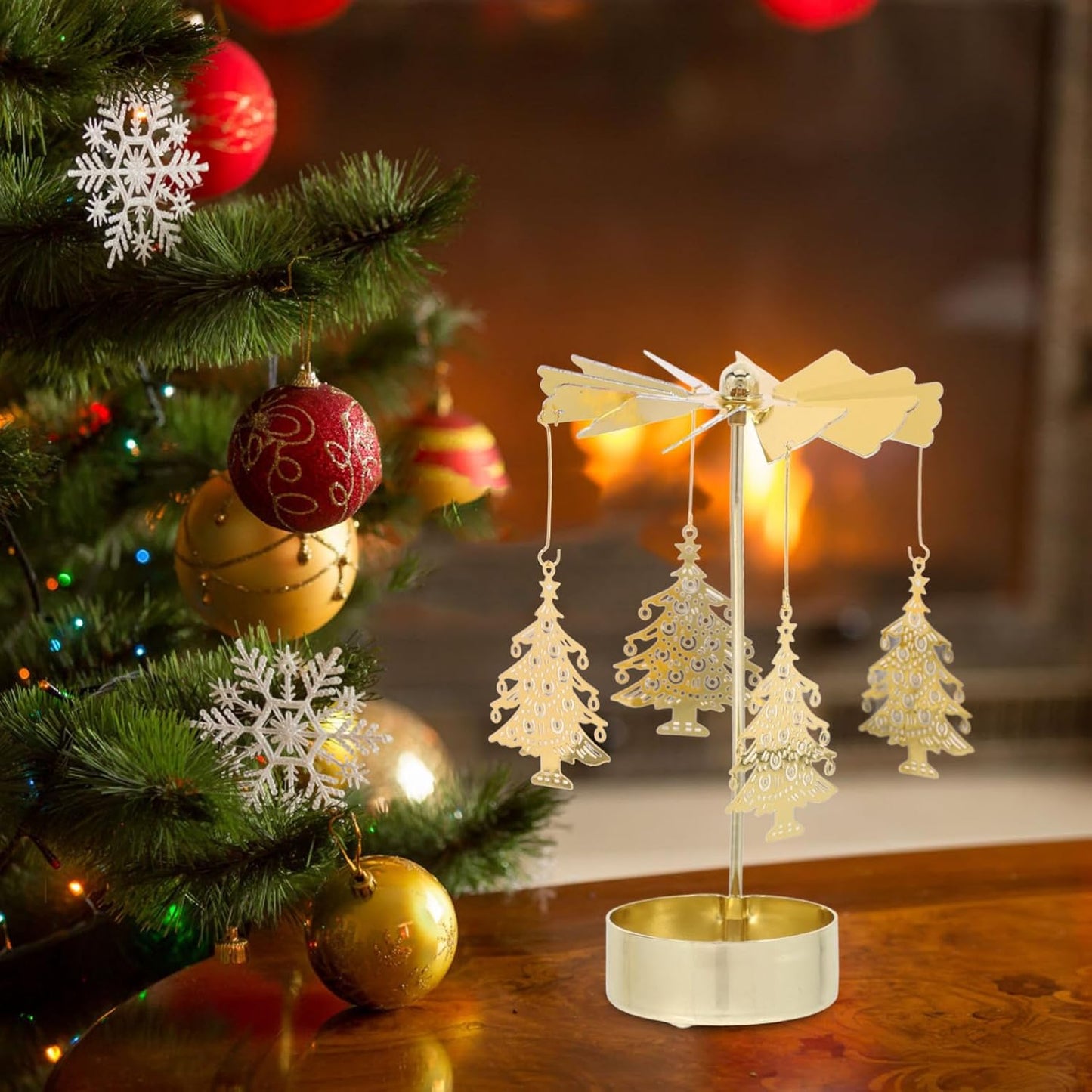 Zerodeko 3pcs Rotary Candle Holder Set - Christmas Tree, Snowflake & Reindeer Design | Metal Spinning Windmill Tea Light Holders for Festive Home Decor