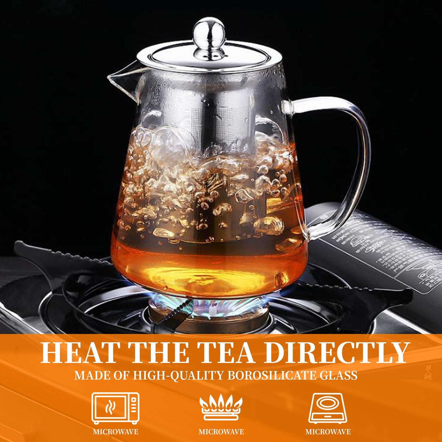 Glass Teapot with Stainless Steel Infuser, Borosilicate Tea Kettle, Clear Tea Maker for Loose Leaf Tea (950ML)