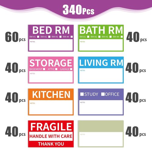 340 Home Moving Labels - Color-Coded Packing Box Stickers with Fragile & Customizable Options | 3.4 x 2 Inches