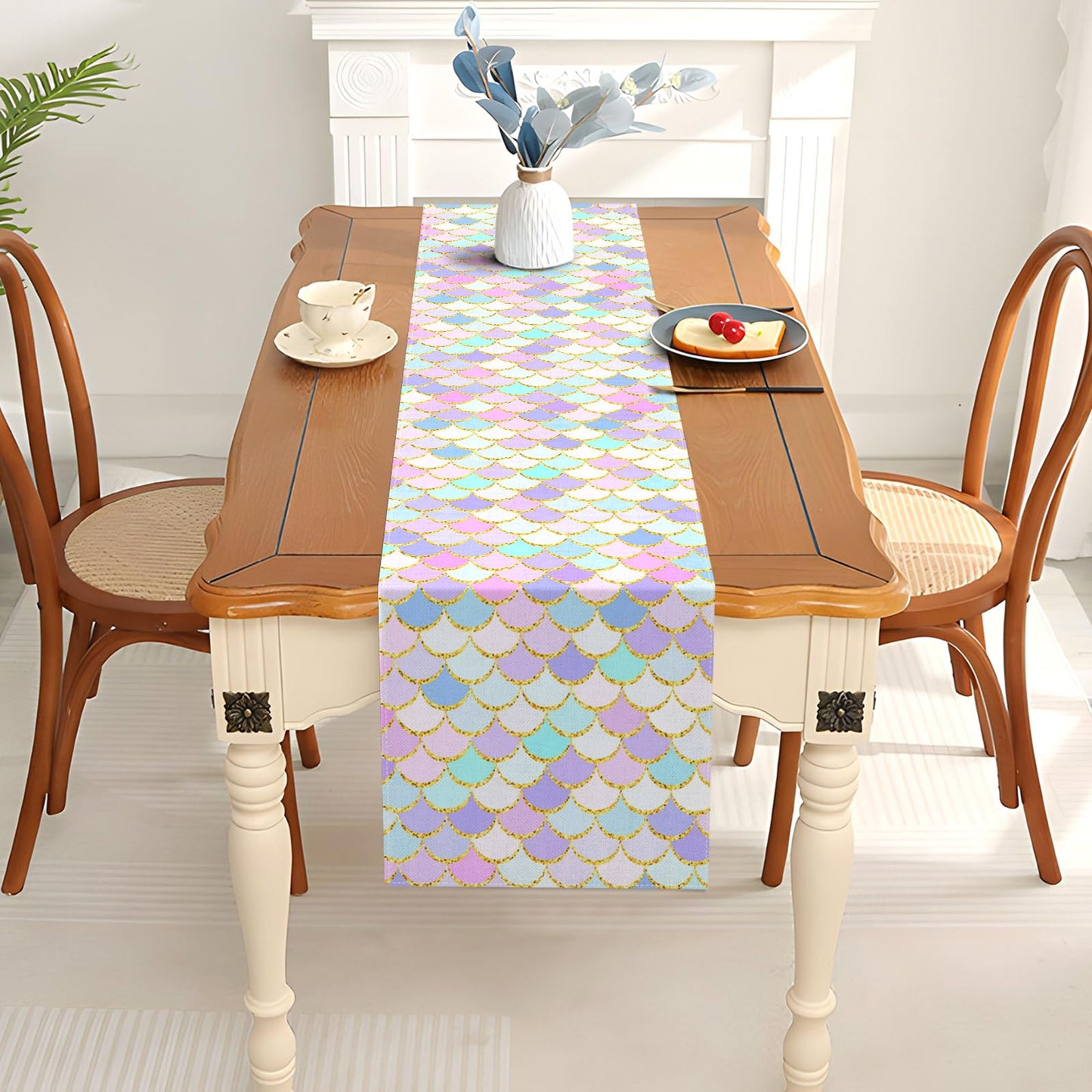Pudodo Mermaid Table Runner Girls Mermaid Themed Birthday Party Decoration Under The Sea Kitchen Dining Room Home Decor