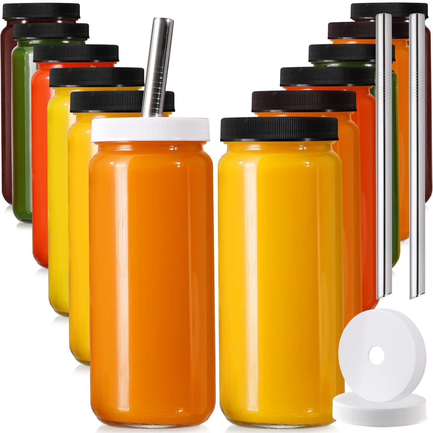 12 PACK Glass Juice Bottles with 12 Airtight Lids & 2 Straw Hole Lids & 2 Straws - 16OZ Travel Juicing Jars, Drinking Water Cups - Reusable Tall Mason Jar for Juice, Bubble Tea, Smoothie, Kombucha