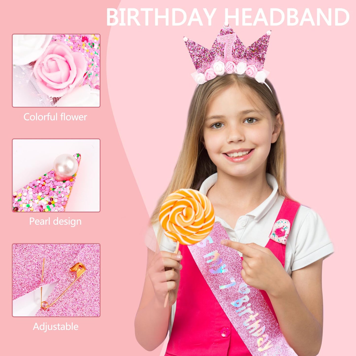 Vovii 7th Birthday Headband & Sash Set - Floral Princess Crown Headband for Birthday Girl Dress Up, Photo Prop & Party Decorations