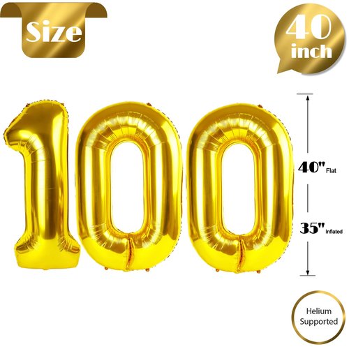 Gold Number 100 Balloon 40 inch, 100 Number Balloons, 100th Gold Birthday Decorations, 100 Year Old Women Men Golden Party Supplies