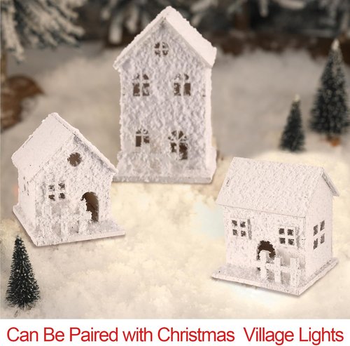 Gerrii Christmas Village House Set - 17 Pcs Winter Figurines with Snow & Santa | White Desktop Ornaments