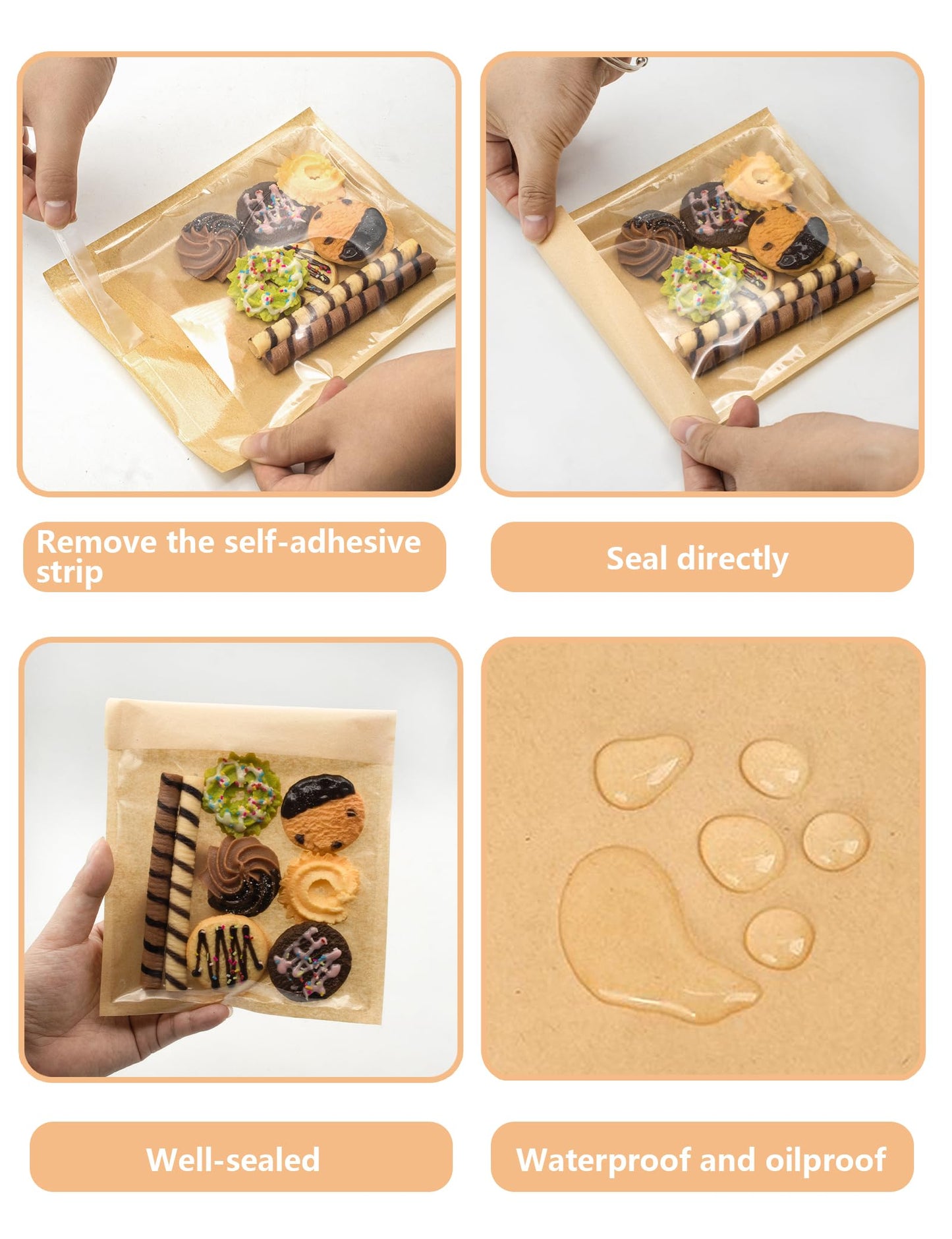 200 Pack Self Sealing Cookie Bags with Seal, 5.9x6.5 Inch Paper Bakery Bags with Window, Grease Resistant To Go Sleeves for Packaging Donut, Snack, Scone, Brownie, Small Pastries and other Treats