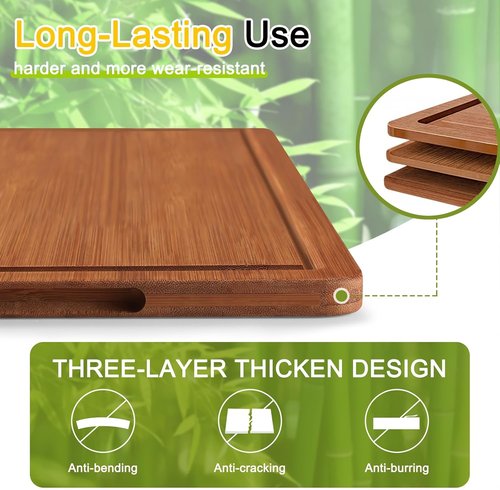 Homaxy Bamboo Cutting Board Set - 3 Wooden Boards with Non-Slip Mat & Deep Juice Groove | Ideal for Meat, Fruits & Vegetables