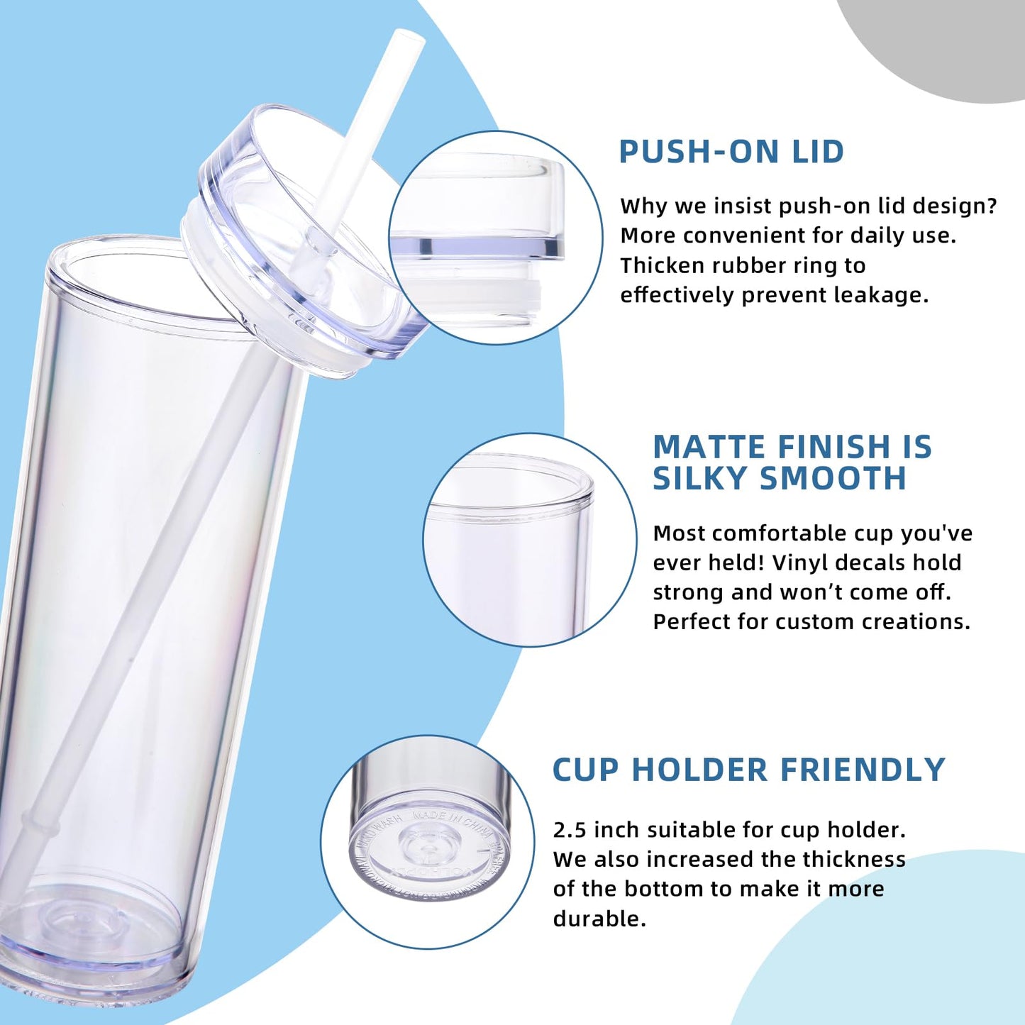 Volhoply 16oz Plastic Skinny Tumbler with Lid and Straw Bulk 4 Pack,Insulated Double Wall BPA Free Matte Acrylic Tumblers,Iced Coffee Travel Mug Reusable Party Cup,Customizable Diy Gifts(Clear,4 Set)