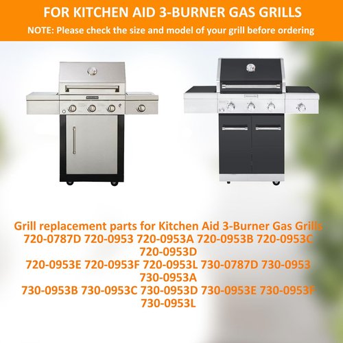 BBQ-PLUS Grill Replacement Part Kit for Kitchen Aid 3-Burner Grill 720-0787D 730-0787D 720-0953 730-0953 720-0953L 7mm Solid Stainless Steel Cooking Grates Burner Heat Plates
