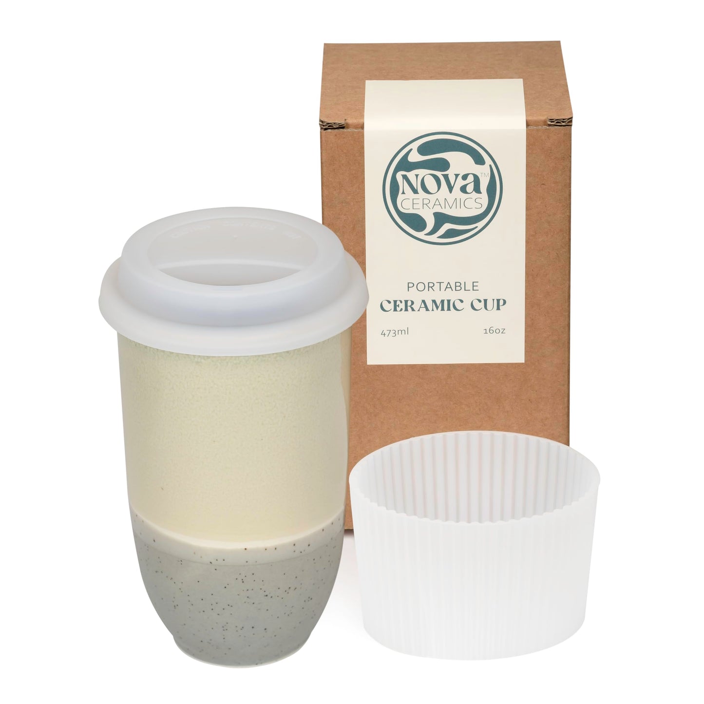 NOVA CERAMICS Travel Mug - Ceramic Coffee Mug With Lid – Microwave & Dishwasher Safe Coffee White & Grey Tumbler - Gifts For Women Men Him Her – 16oz – Mist