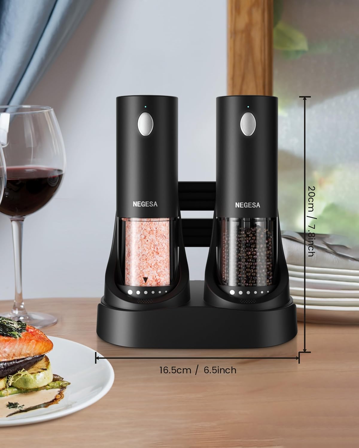 Skiennix Electric Salt and Pepper Grinder Set - Rechargeable Automatic Shakers with LED Light & Adjustable Coarseness, Black