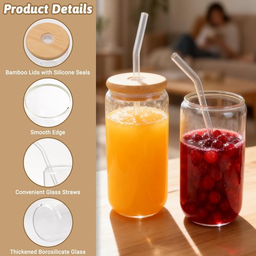 Alotpower Borosilicate Glass Cups with Lids and Straws, 16 oz Reusable Tumbler Set (8-Pack) Includes Bamboo Lids, Glass Straws & Brush for Iced Coffee, Bubble Tea, Cold Beer, Juice