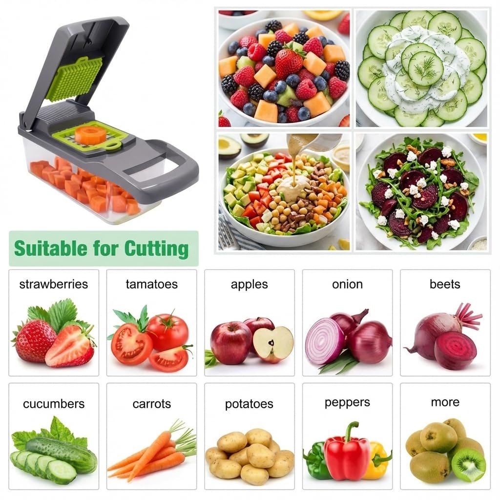 Vegetable Chopper, All in One Vegetable Chopper, 16 Blade Slicer for Kitchen, Food Chopper, Vegetable Slicer and Spiralizer, Cutter, Dicer, Grater, Kitchen Gadgets Sets with Container,
