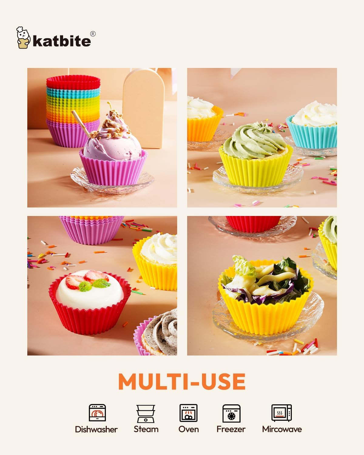 Katbite Silicone Cupcake Liners - 24 Pack Non-Stick Muffin Molds | Heavy Duty Multicolor Baking Set