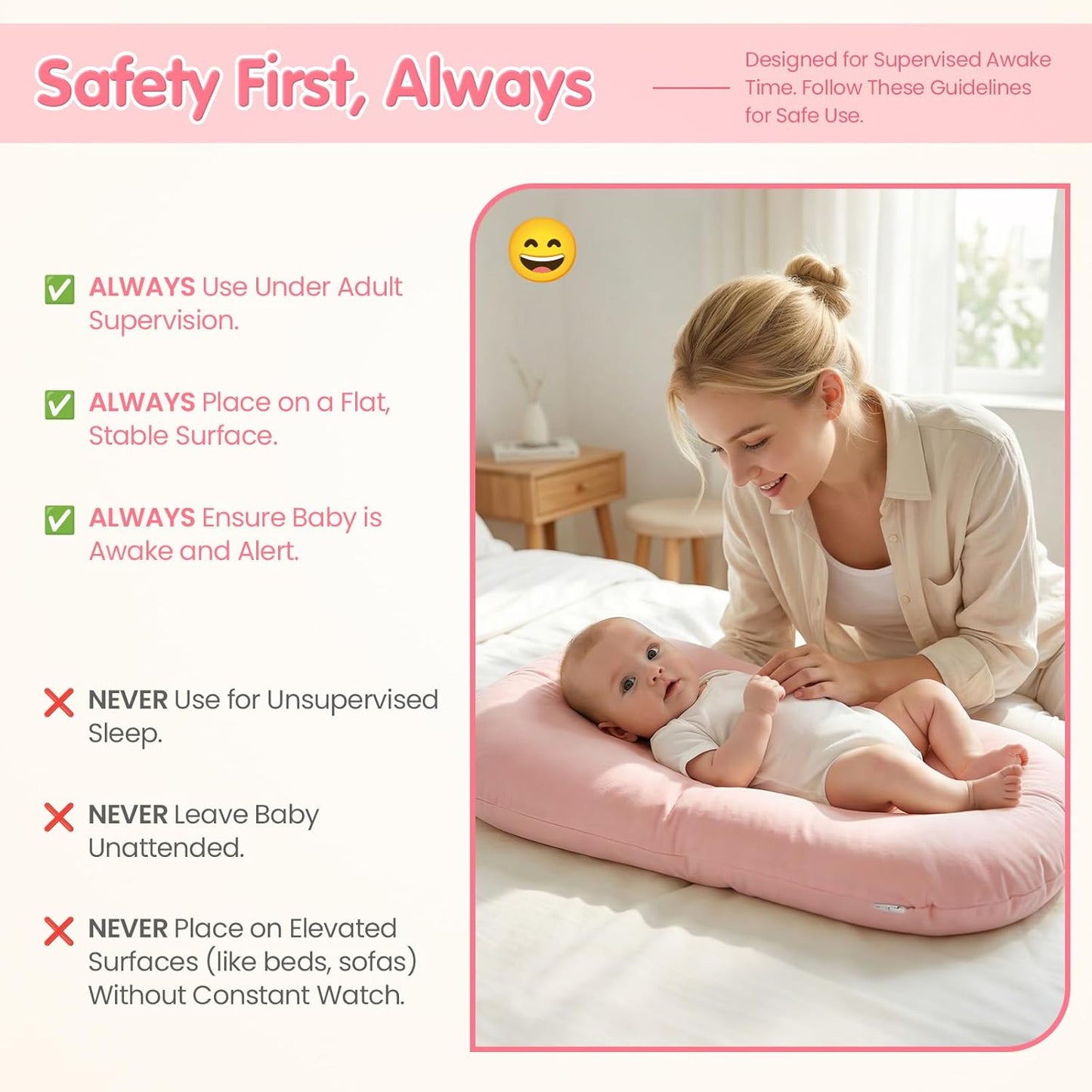 Skiennix Infant Support Cushion - Portable Baby Lounger & Tummy Time Mat, Soft Cotton, Waterproof (Pink)