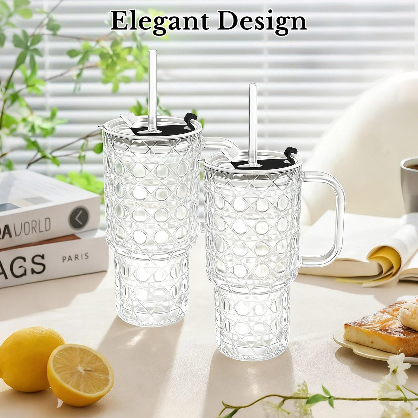 Snextek 18oz Glass Tumbler with Lid, Glass Straw & Handle, 2-Piece Set, Thickened for Iced Coffee, Smoothies, Cocktails, Home Office Travel (Gemstone)