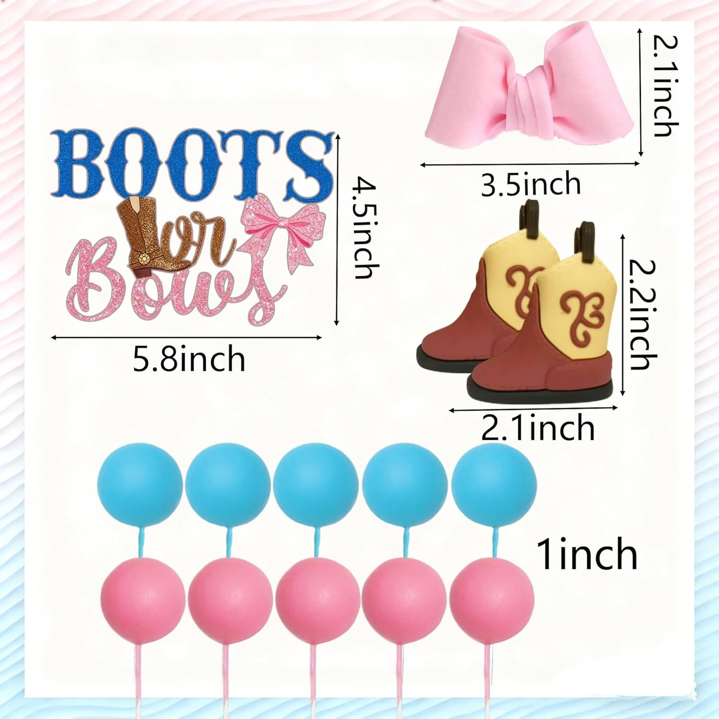 Regine Switzerland Gender Reveal Cake Decorations - Acrylic Boots & Bows Toppers Set for Baby Shower