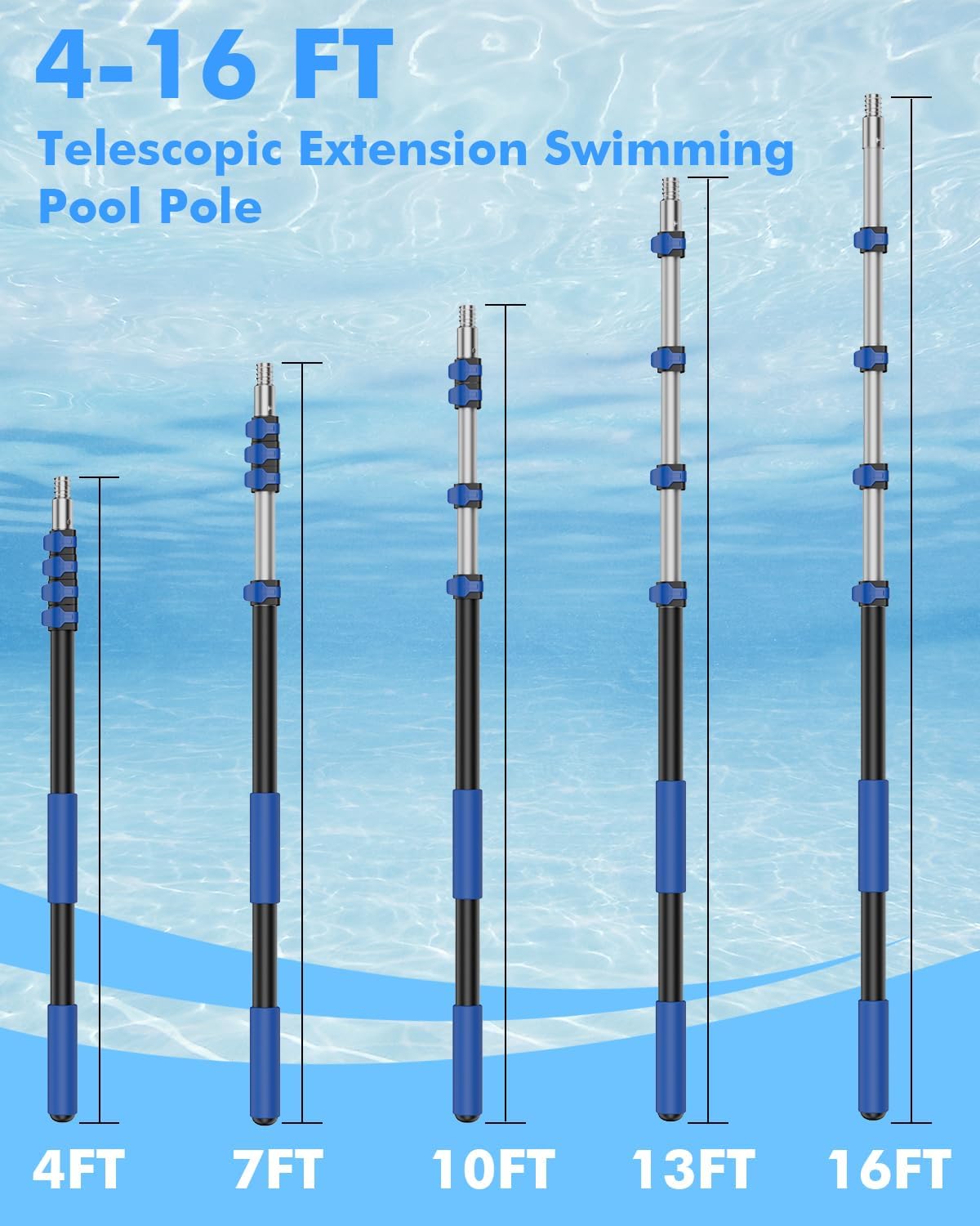 Skiennix Telescopic Pool Pole - 16FT Heavy Duty Aluminum for Above Ground & Inground Cleaning Supplies