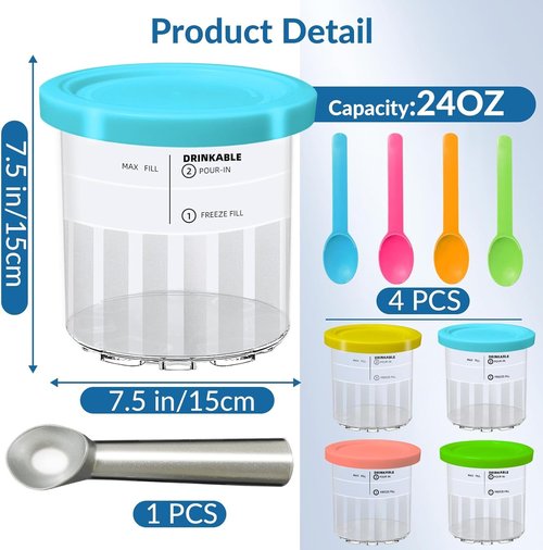 Creami Deluxe 4-Pack Pints - 24oz Ice Cream Maker Accessories with Lids & Spoons | BPA-Free, Dishwasher Safe