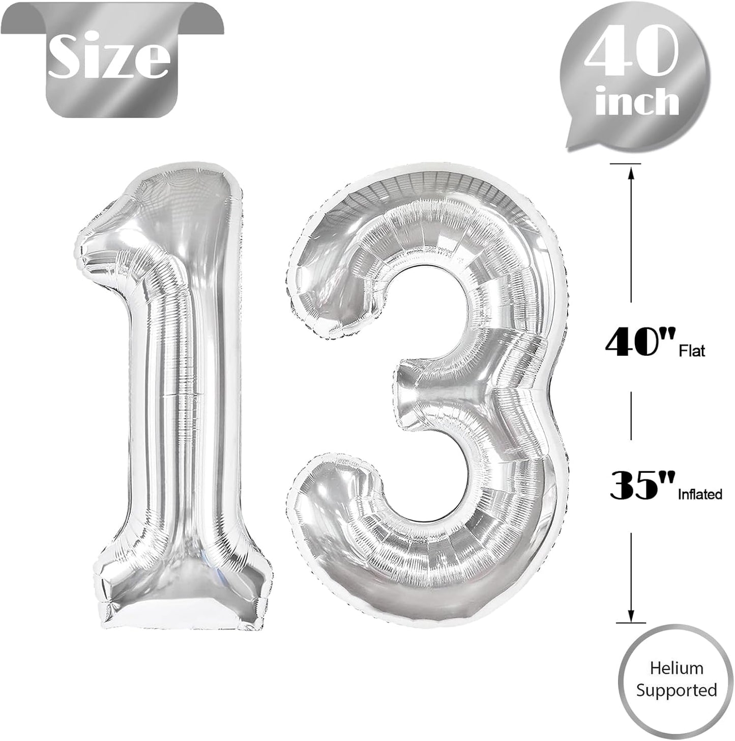 Number 13 Balloon by Silver | 40-Inch Metallic 13th Birthday Decoration for Kids