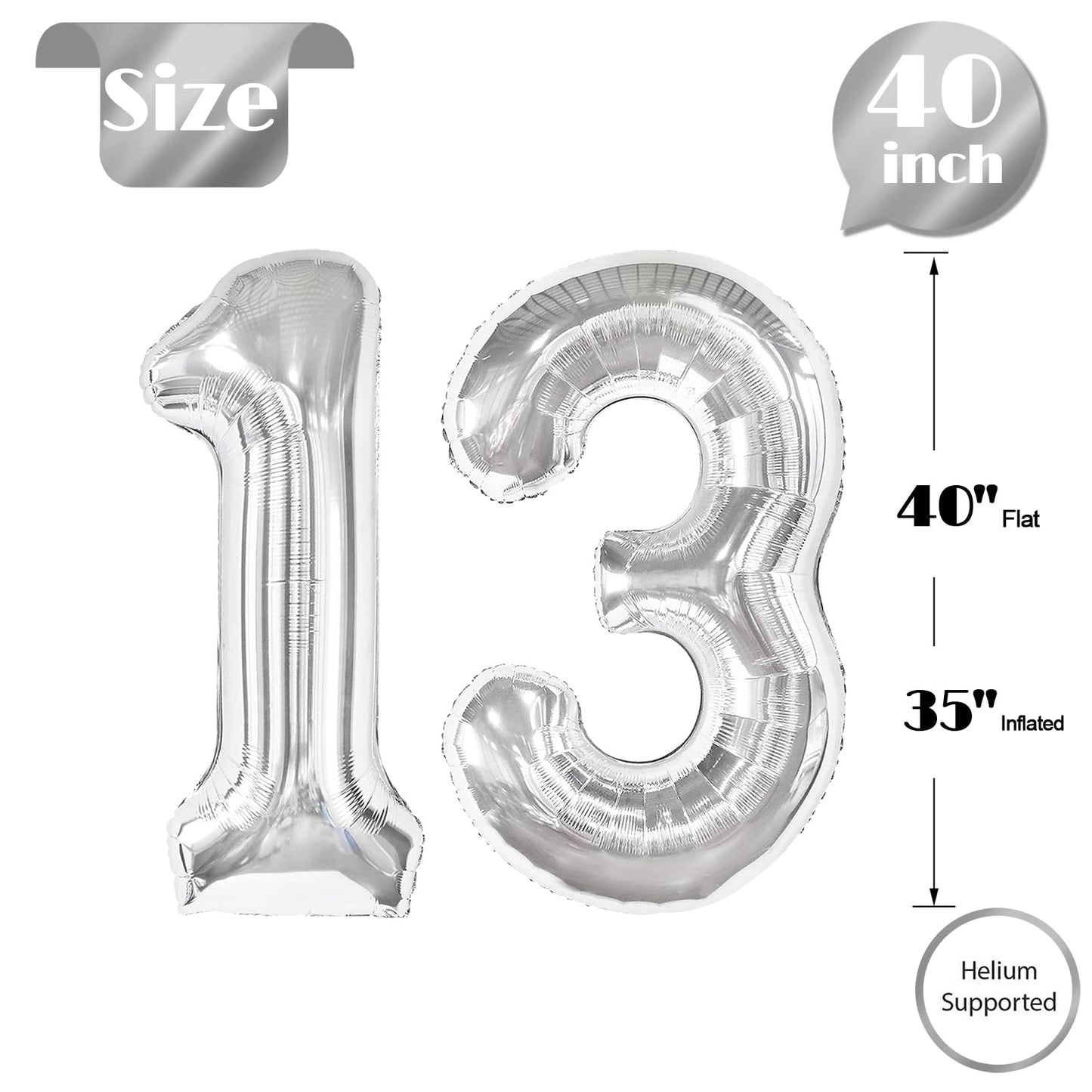 Silver Number 13 Balloon 40 inch, 13 Number Balloons, 13th Silver Birthday Decorations for Girls Boys Kids, 13 Year Old Silver Party Supplies