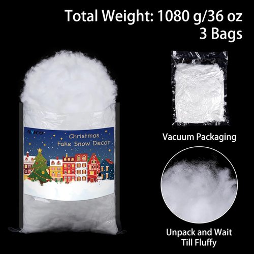 ANVAVO Christmas Fake Snow | Soft Fluffy Cotton Decor for Indoor & Outdoor Displays - 36 Ounces
