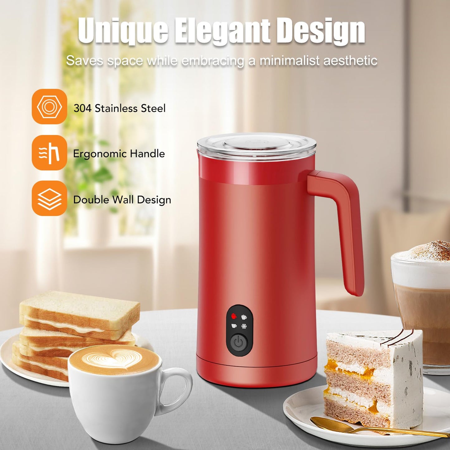 Milk Frother, 4-in-1 Electric Milk Steamer and Frother, 13.5oz/400ml Automatic Large Capacity Warm and Cold Foam Maker, Milk Warmer and Coffee Frother for Latte, Cappuccino, Macchiato(Red)