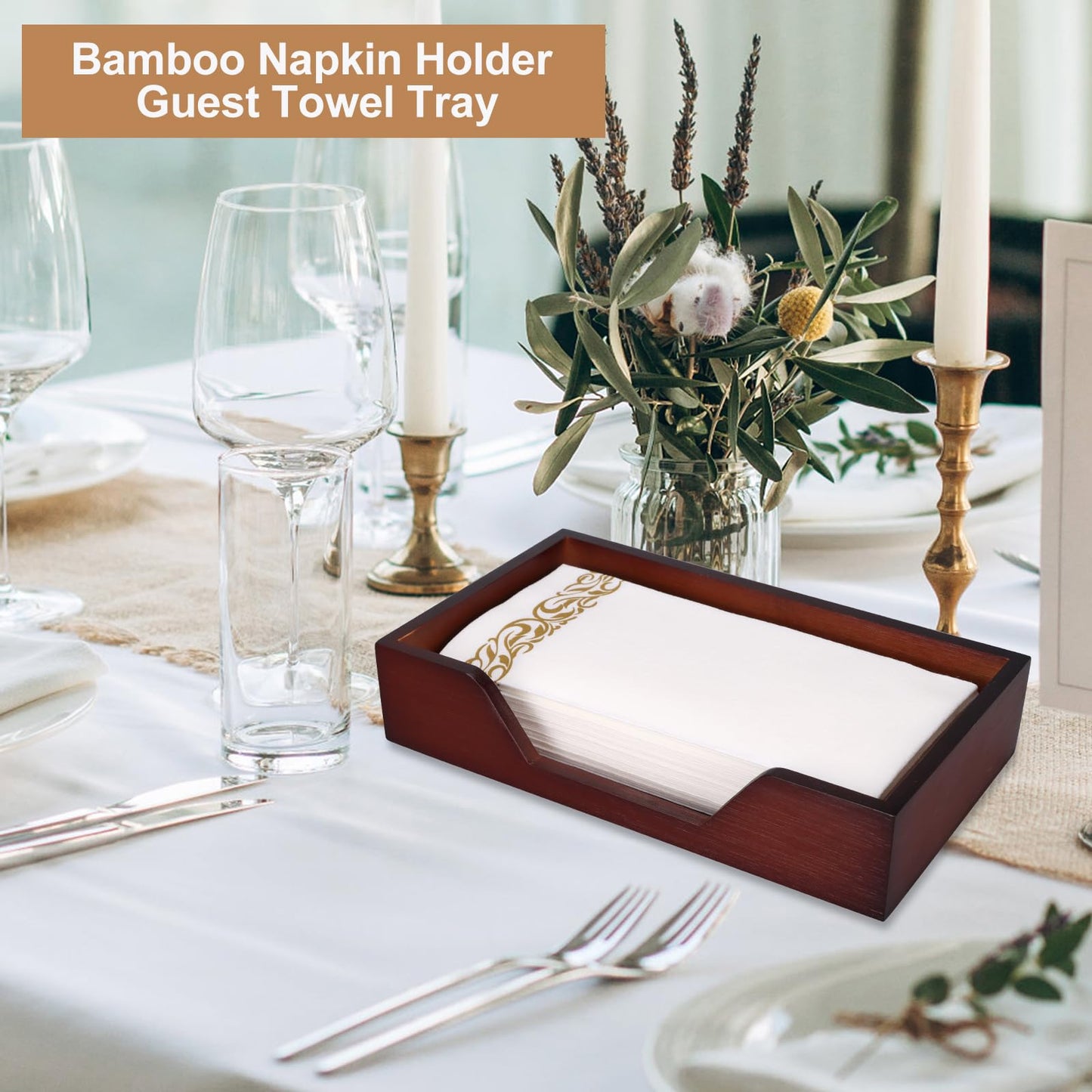 Gtencemen Bamboo Napkin Holder for Kitchen Table Bathroom Paper Towel Holder Farmhouse Flat Napkin Holders Brown Guest Towel Holder Hand Towel Tray Rectangle Napkin Holder