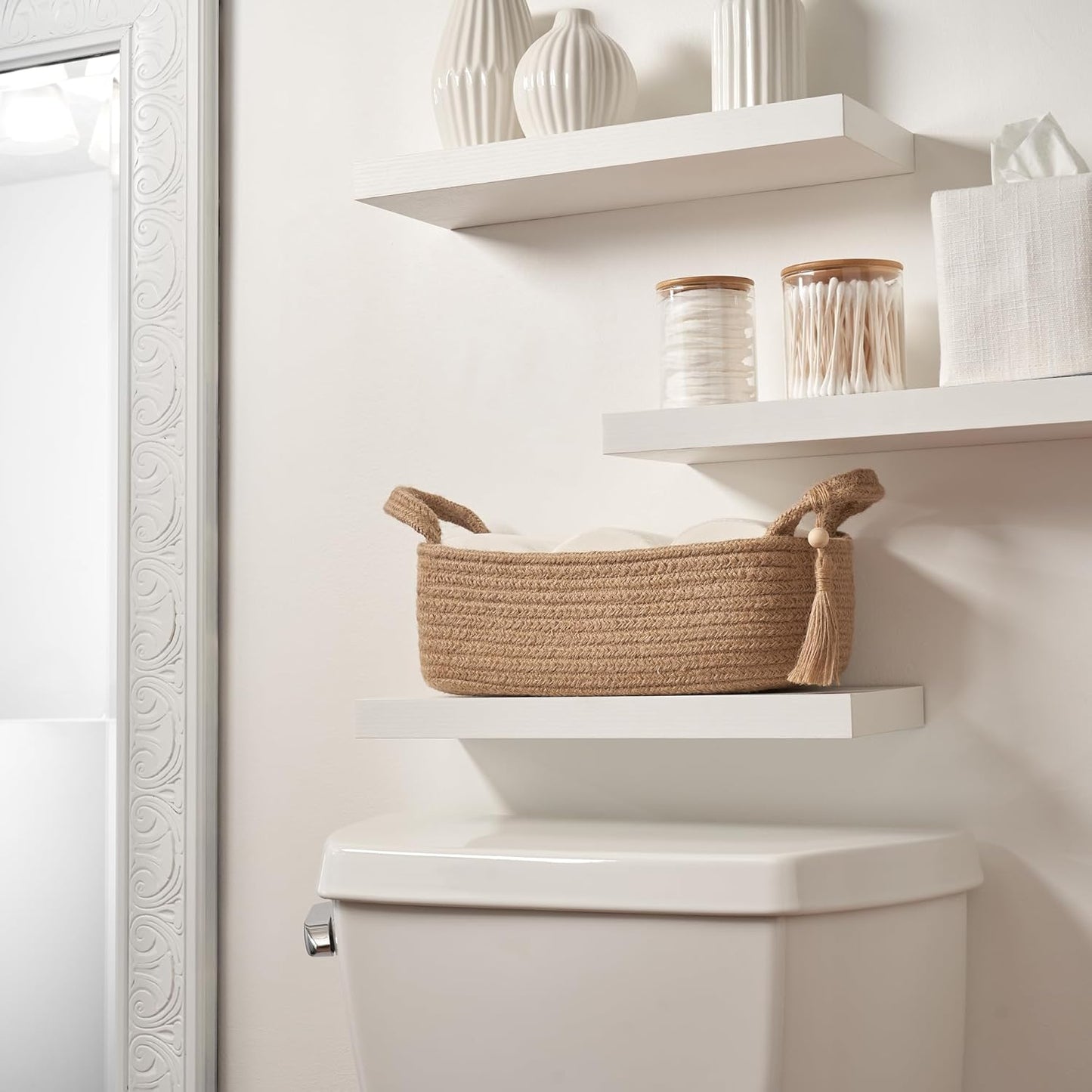 Skiennix Decorative Toilet Paper Basket - Stylish Bathroom Organizer for Toilet Tank Storage | Boho Jute Cotton Rope with Tassel