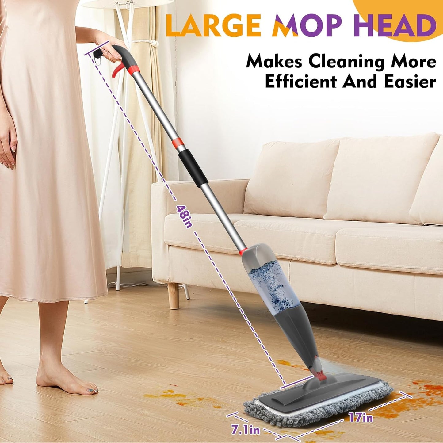 Skiennix Spray Mop - Microfiber Floor Cleaning Mop with Washable Pads & 800ml Refillable Bottle