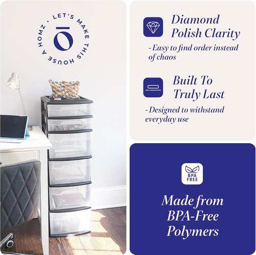 HOMZ 6-Tier Clear Plastic Drawer Tower - Heavy-Duty Storage Organizer Cart for Home & Closet