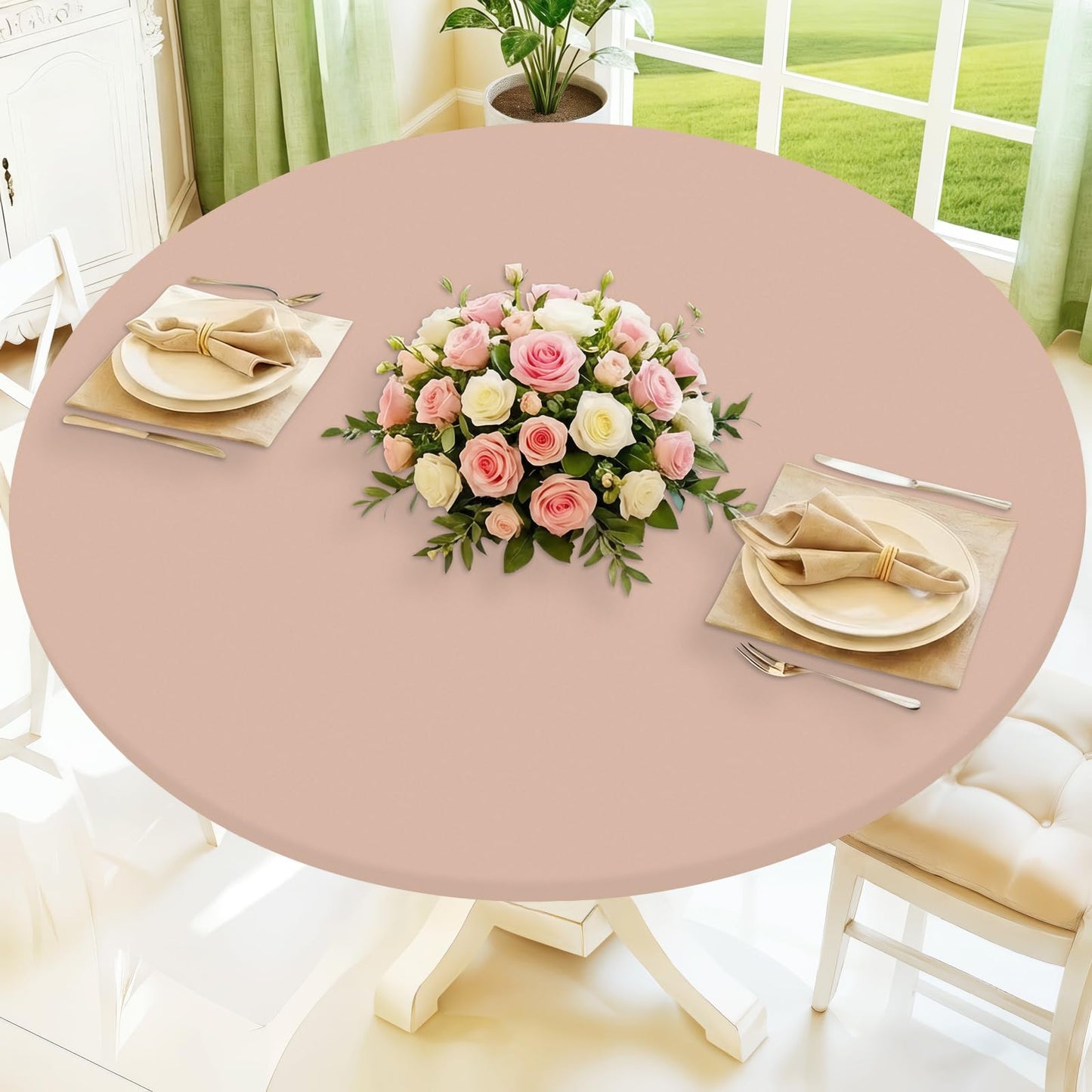 Moosfor Round Spandex Tablecloth, Elastic Fitted Waterproof Tablecloths for 36"-44" Tables, Stretch Washable Picnic Table Cover for Camping, Dining, Indoor and Outdoor, Nude