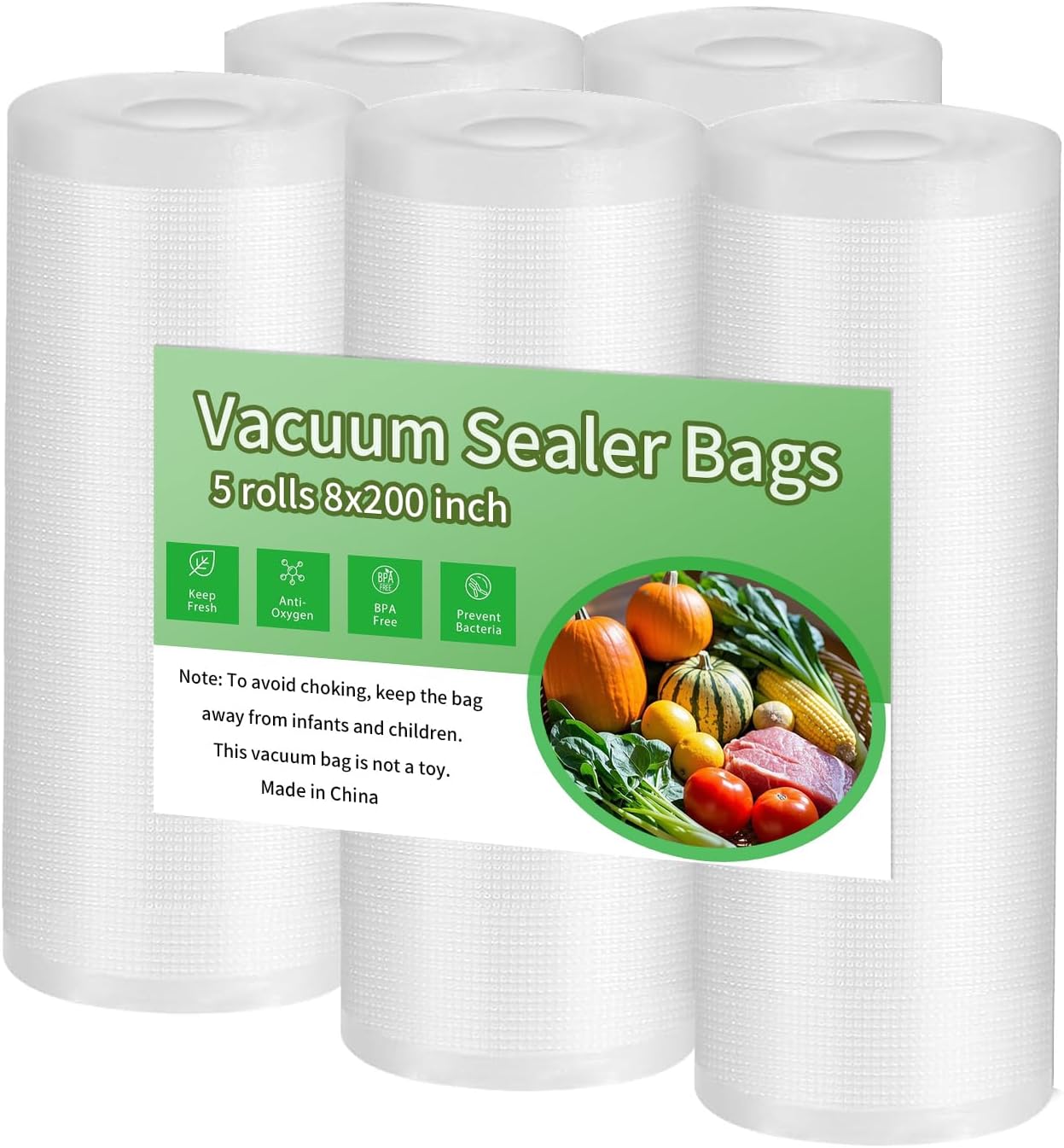 Premium Vacuum Sealer Bags - Airtight Food Saver Rolls | BPA Free, Heavy Duty, 8x200 Inches, 5 Count
