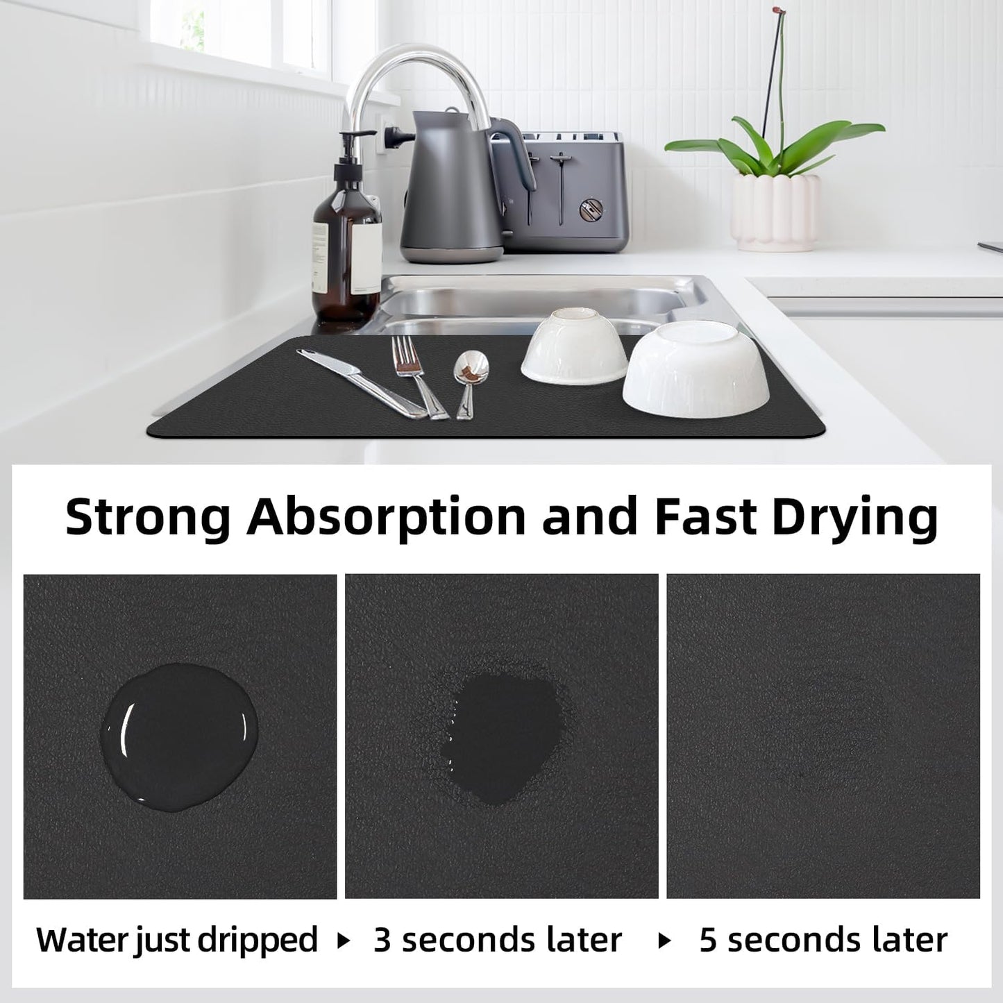 LOPNUR Dish Drying Mat - Super Absorbent Diatomite Kitchen Counter Pad | Large 24"x16", Heat Resistant, Anti-Slip Black