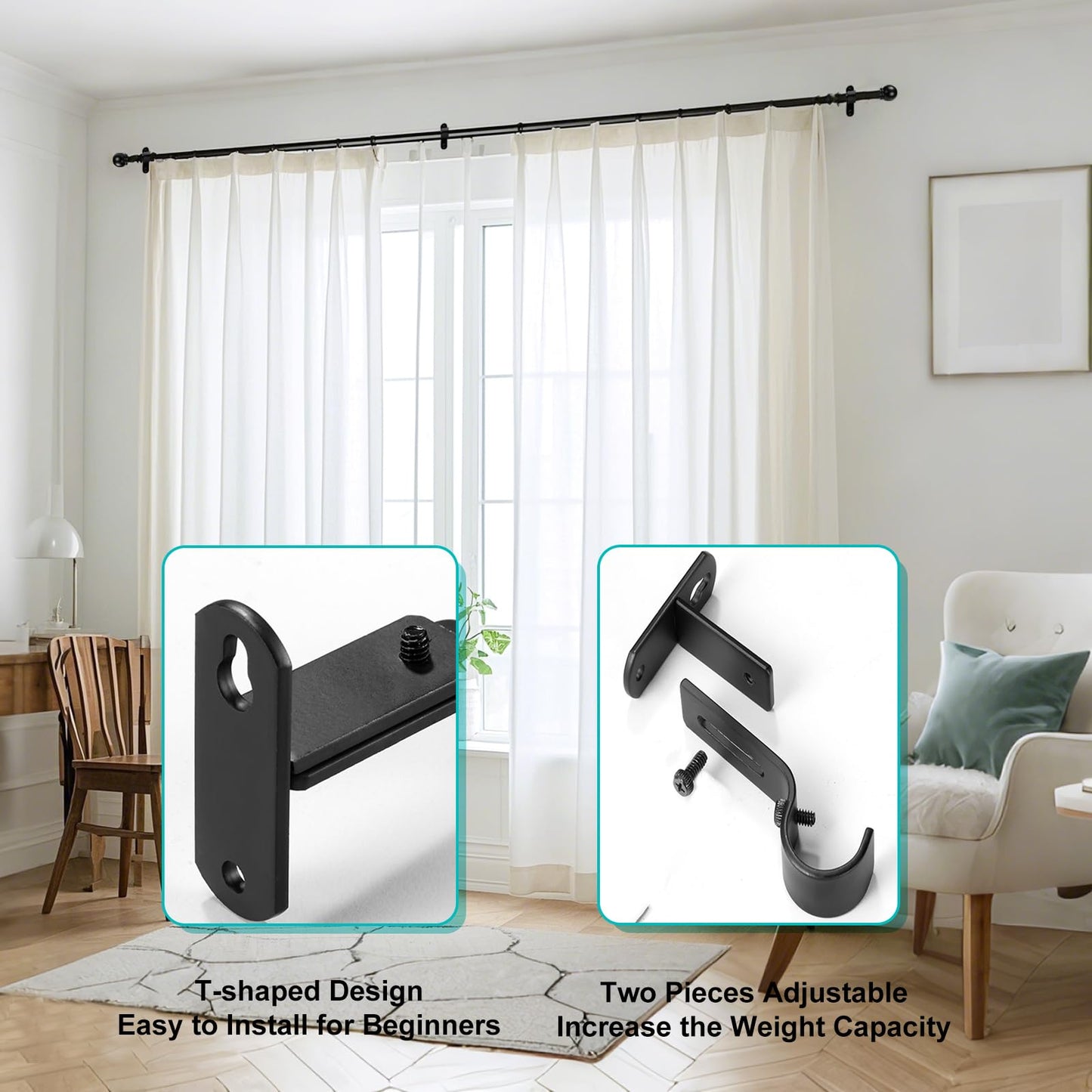 AMZSEVEN Adjustable Curtain Rod Brackets, Metal Window Drapery Rod Hanger Holders Hooks for 1 inch Rods (Black, Set of 2)